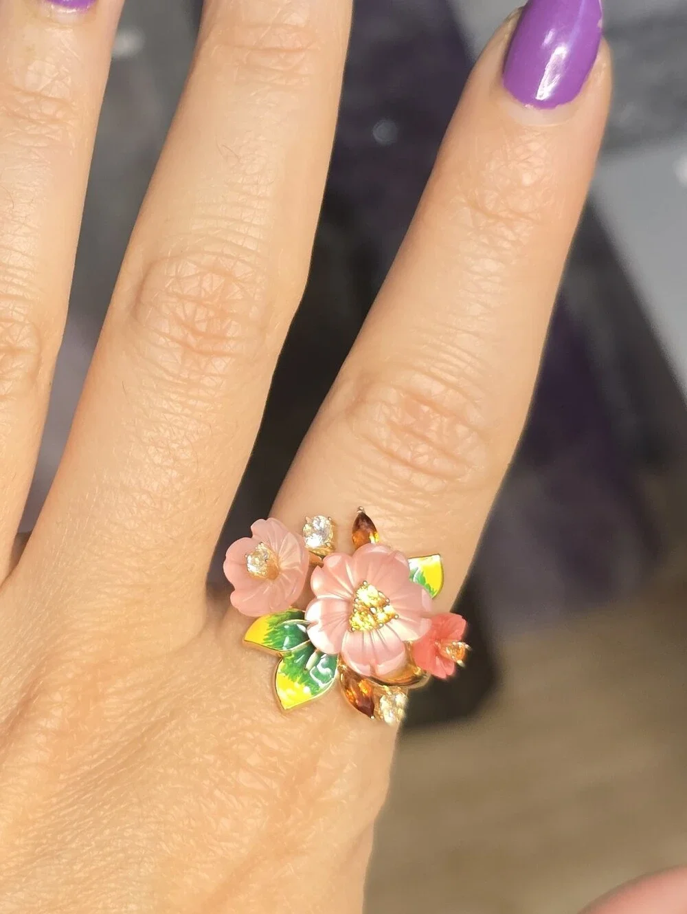 Pink Mother of Pearl Citrine White Sapphire Enamel Floral Ring Size 8.5